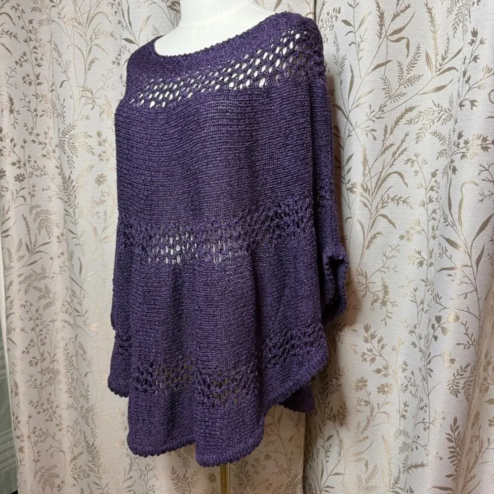 Chico's Open Knit Batwing Poncho Sweater Women L/XL Purple Whimsigoth Festival